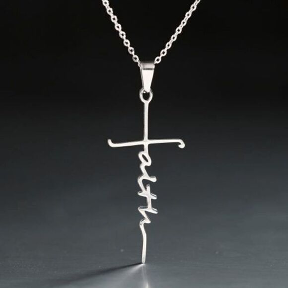 SILVER STAINLESS STEEL FAITH CROSS INSPIRATIONAL NECKLACE - Picture 4 of 4